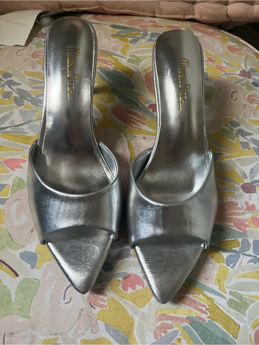 Metallic Silver Pointed-Toe Mule Heels